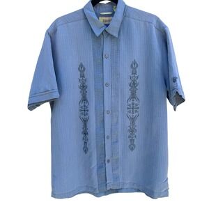 Cubavera Mens L Blue Embroidered Pintuck Guayabera Coastal Camp Shirt Aloha Cuba